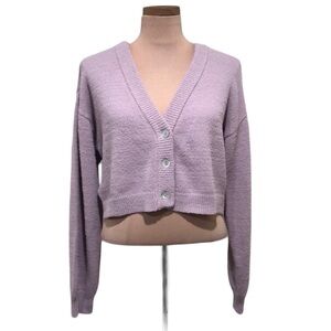 BCBGeneration Cropped Cardigan Sweater Size Large Pastel Purple Fuzzy Texture